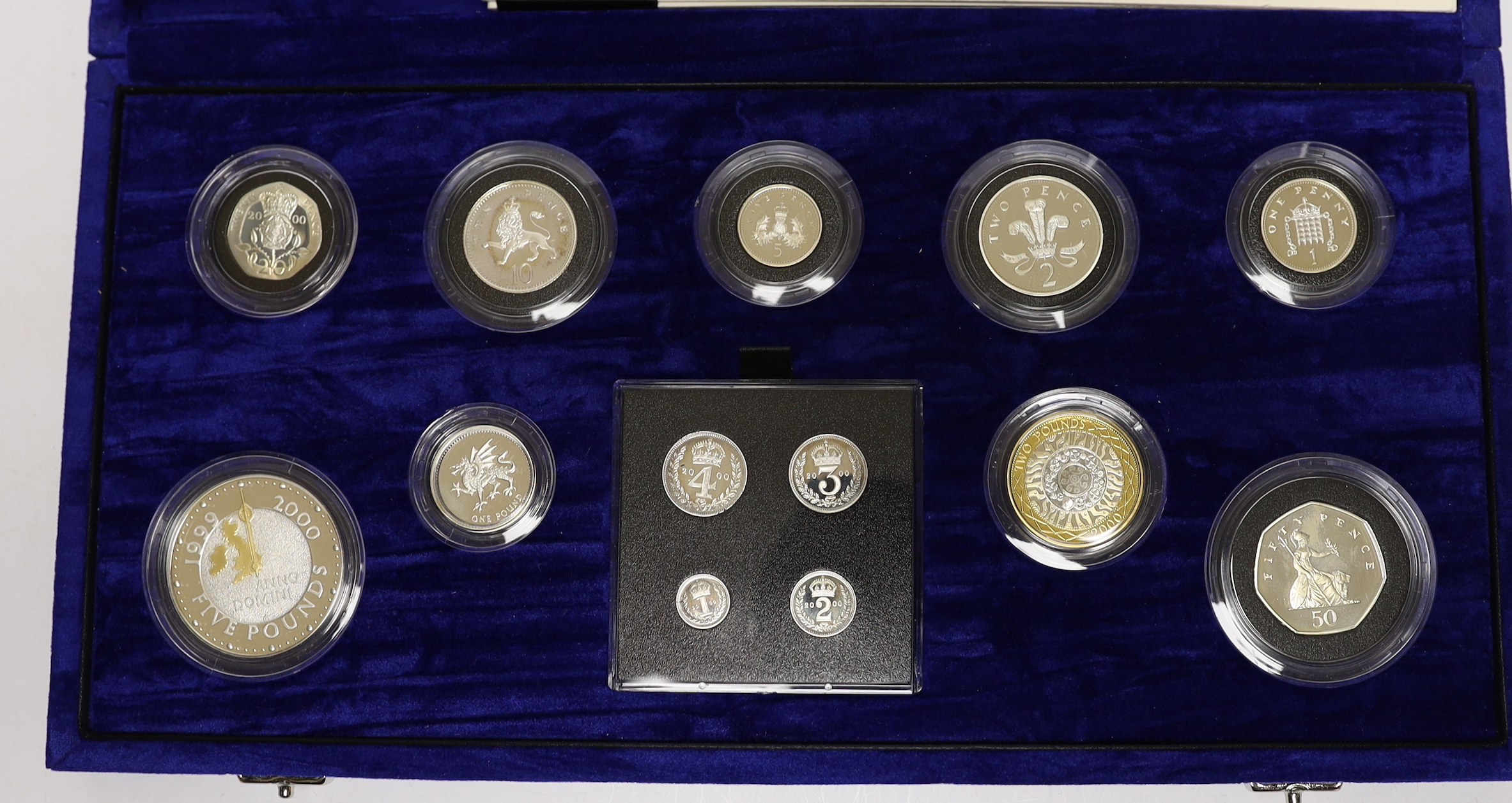 Royal Mint UK QEII silver proof thirteen coin set - The Millennium Silver collection 2000, including maundy 1p to 4p, cased